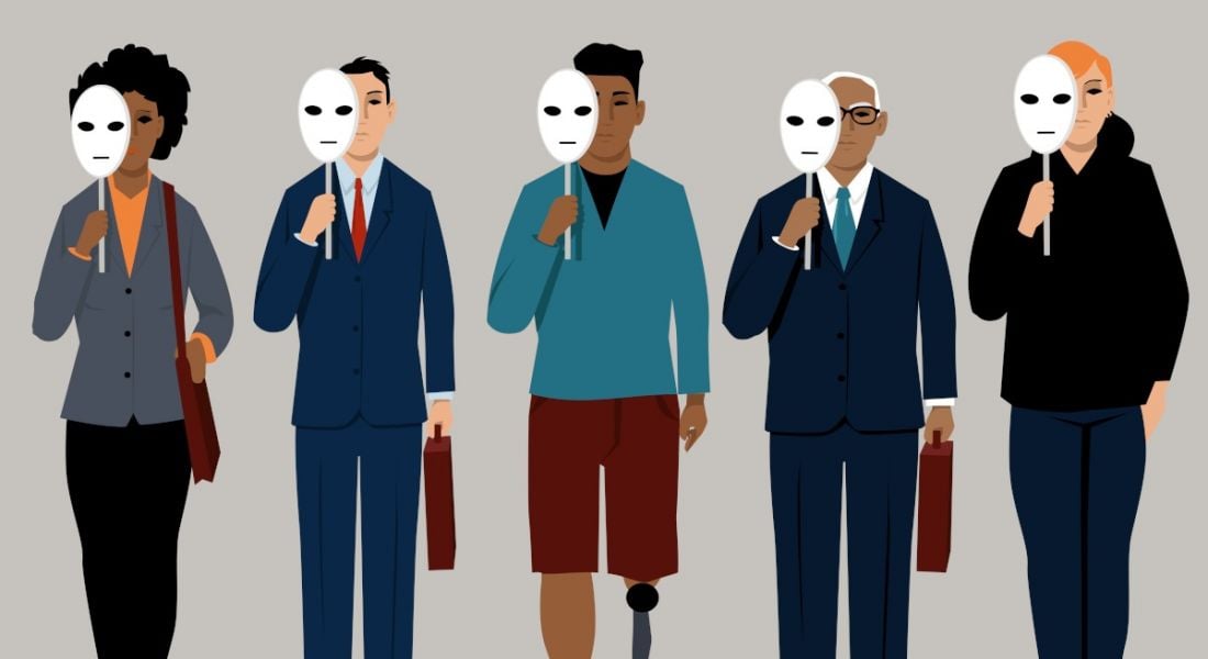 Cartoon of the recruitment process: five candidates line up holding masks against their faces to conceal their identities.