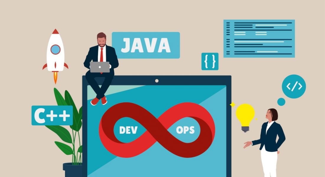 Cartoon showing people working in DevOps and agile delivery working sitting on top of a giant computer monitor. Logos for languages like Java and C++ float around them.
