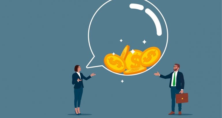 Cartoon showing one worker giving wise words of advice to another fintech worker. A big speech bubble is between them filled with gold coins.