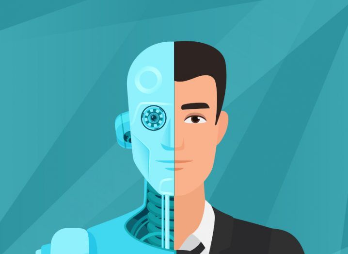 Illustration of a man with half of his body and face being a robot, in a blue-green background.