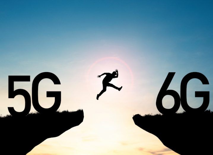 Illustration of a person jumping across a gap, with 5G on the left and 6G on the right and the sun in the background.