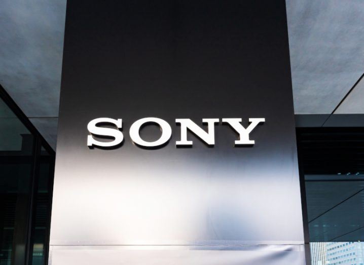 The Sony logo on the front of a black pillar.