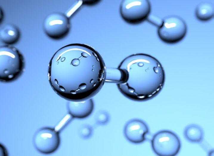 Multiple hydrogen molecules in a blue background, which each contain two reflective orbs and a line connecting them.