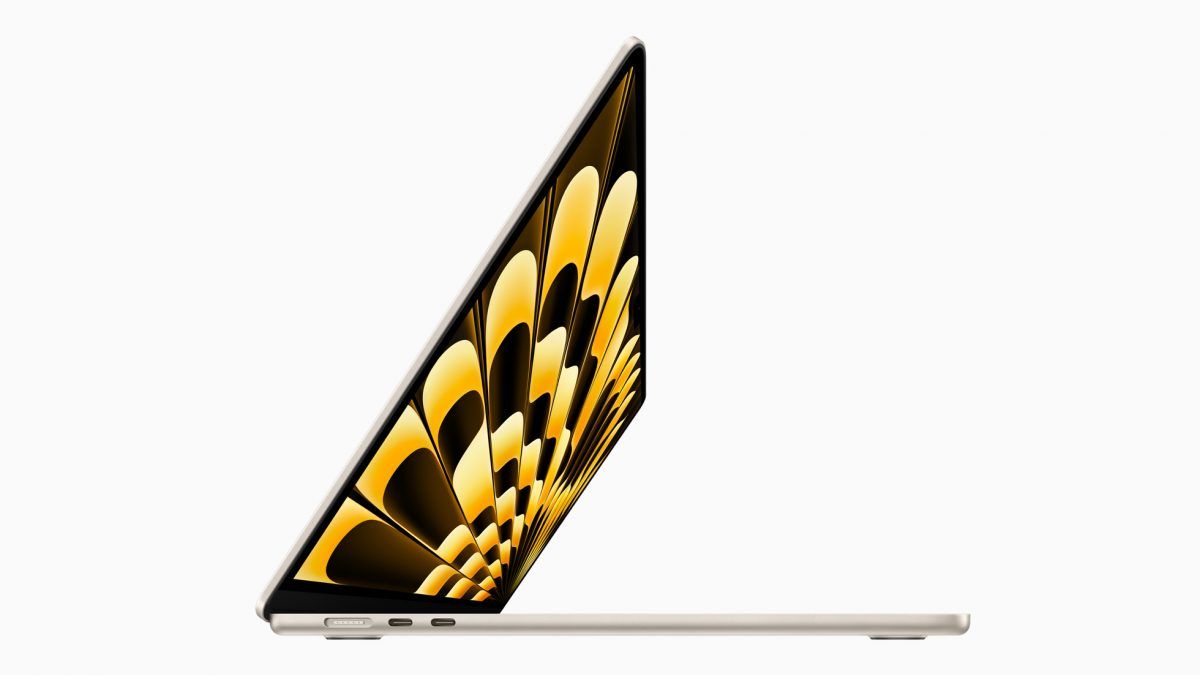 A MacBook Air laptop that is sideways with its screen visible, in a white background.