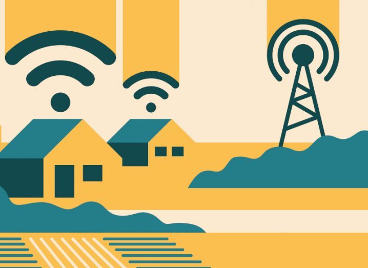 A cartoon picture of two houses and a phone mast with a broadband symbol over them, showing a signal.