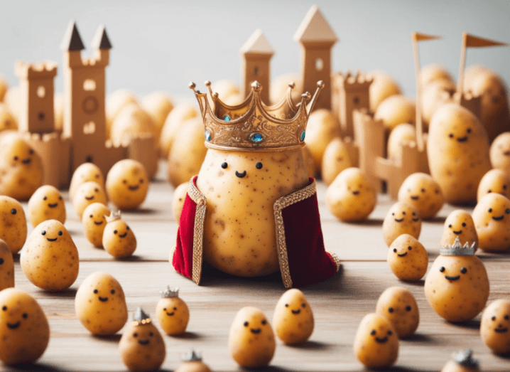 An AI-generated image that shows multiple potatoes of different sizes, that all have smiling faces. A large potato wearing a cape and a crown is in the centre of the image, with small castles and flags in the background. Created by OpenAI's Dall-E 3 image generator.