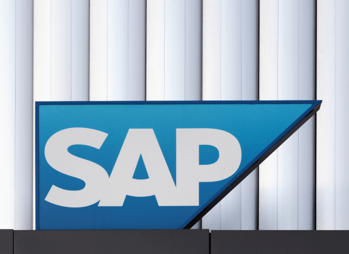 The SAP logo displayed on a sign outside of an office building.